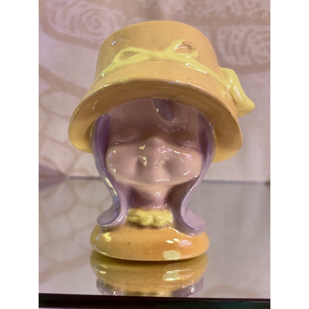 Vintage Ceramic Girl Head Vase Yellow Sun Hat Lavender Hair Hand Painted Signed